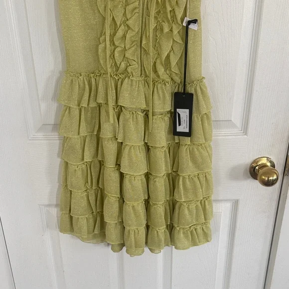 Atos Lombardini Lime Ruffle Tiered Mini Dress Metallic Italy 42 US 6-8 - Picture 4 of 5